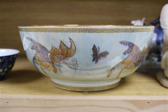 A Wedgwood iridescent lustre bowl and a Cantonese dish bowl diameter 27cm